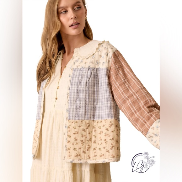 Quilted Plaid Floral Open Jacket Large Cream Blue Brown Cottagecore - Picture 2 of 7